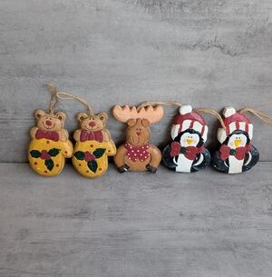 Cute Wooden Folk Art Bear Reindeer Penguin Christmas Ornaments